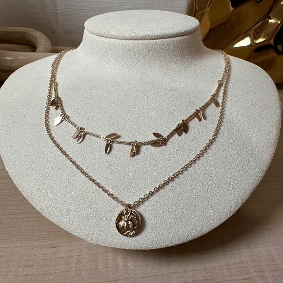 PARK LANE Leaf and Bee Double Layered Goldtone Necklace - Picture 5 of 9
